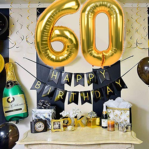 Toniful 40 Inch Gold Large Numbers Balloon Birthday Party Decorations, Foil Mylar Big Number Balloon Digital 60 For 60Th Birthda