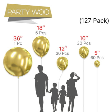 Partywoo Metallic Gold Balloons, 127 Pcs Gold Metallic Balloons Different Sizes Pack Of 36 Inch 18 Inch 12 Inch 10 Inch 5 Inch Chrome Gold Balloons For Balloon Garland As Party Decorations, Gold-G101