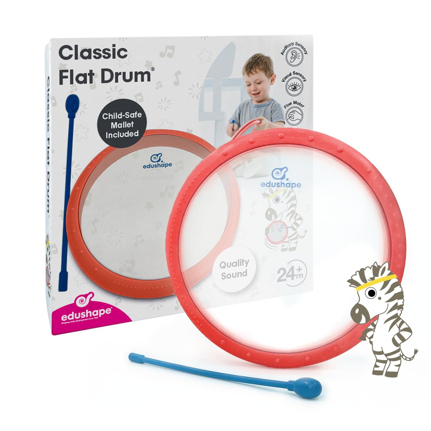 Edushape Classic Flat Drum for Baby with Easy-Grip Mallet - Set of 1 Red Color Baby Drum Toy for Toddlers, 2-Year Old and Up - S