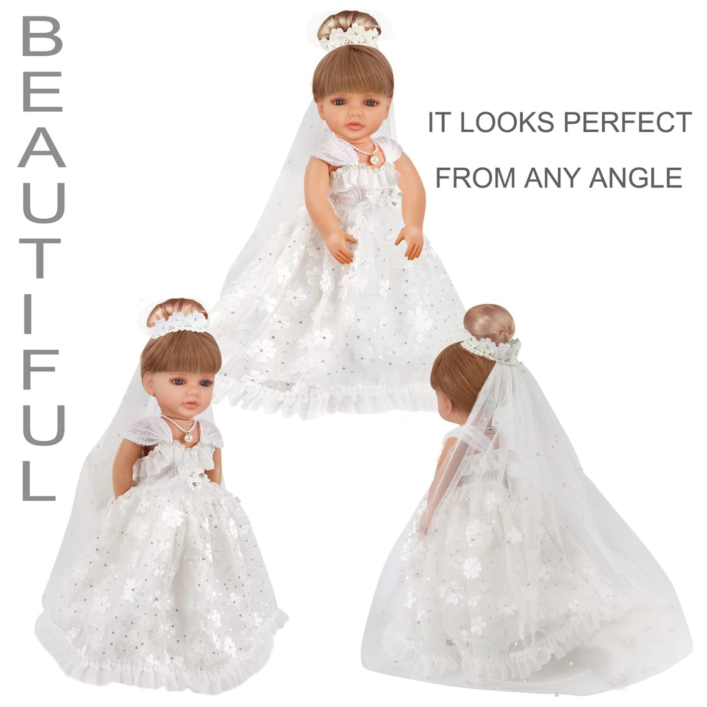 Mlcnles 18 Inch Doll Clothes Doll Wedding Dress Accessories Outfits For 18 Inch Doll Clothes - White Bride Dolls Gown Set With Long Lace Veil And Necklace For Girl Birthday Xmas Gift
