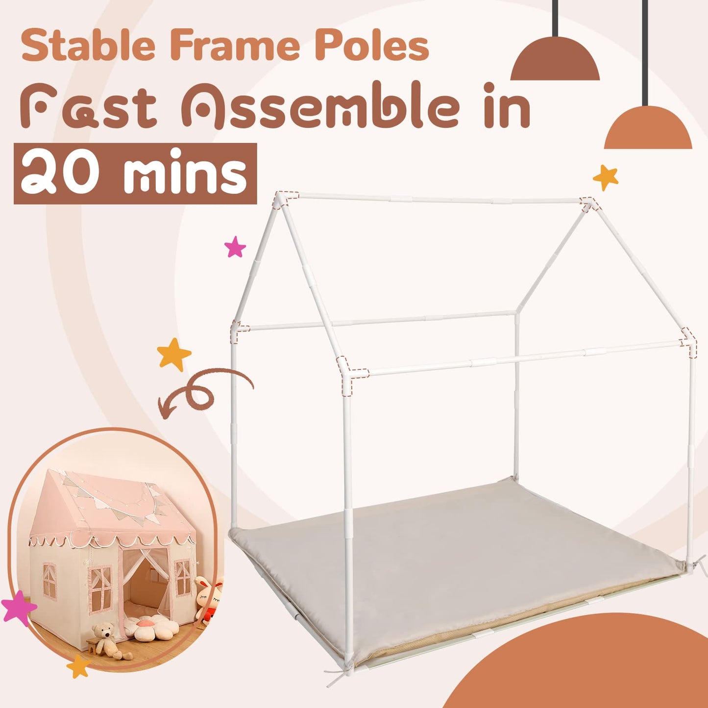Kids Play Tent With Non-Slip Mat, Star Lights, Decorating Flag, Large Playhouse With 4 Windows, Machine Washable, Indoor And Out