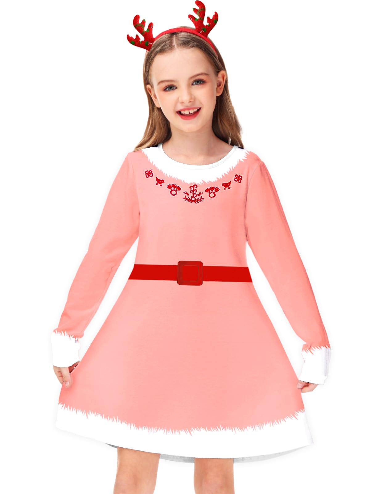 Christmas Pink Dress For Girl Long Sleeve Funny Printed Xmas Tshirt Dress Jovi Elf Swing Dresses 5-6 Years