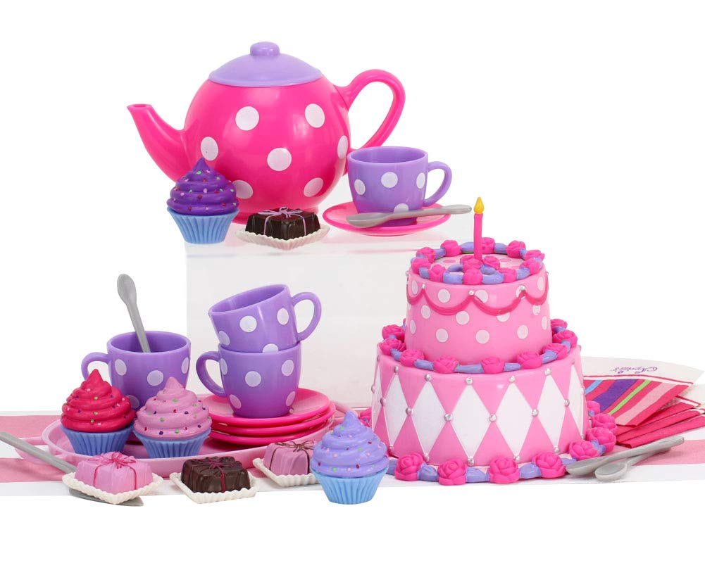 Sophia'S Complete Cake & Tea Party Accessories Set With Teapot, Teacups, Utensils, Pretend Dessert And Drinks For 18' Dolls, Pink/Purple
