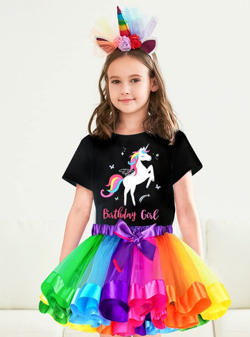 Doctor Unicorn Birthday Girls Unicorn Costume Outfit Rainbow Tutu, Unicorn T-shirt, Satin Sash, Hair Bow & Headband Rainbow/Blac