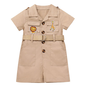 Idopip Baby Girls Safari Outfit Wild Animal Jumpsuit + Hat Toddler Summer Birthday Party Clothes Set Overall Shorts Photo Shoot Bodysuit With Belt Khaki 6-12 Months