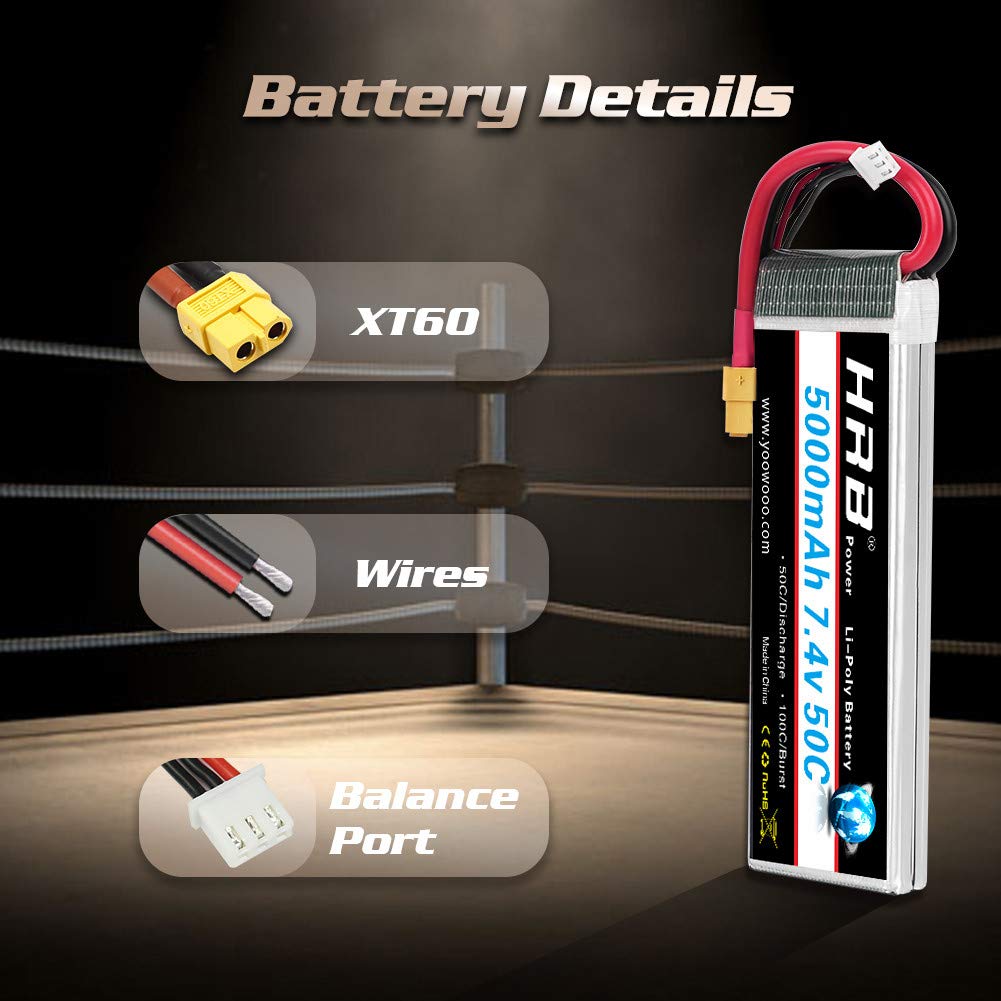 HRB 7.4V 5000mAh 50C XT60 Lipo Battery Compatible with RC Car RC Plane RC Truck RC Boat
