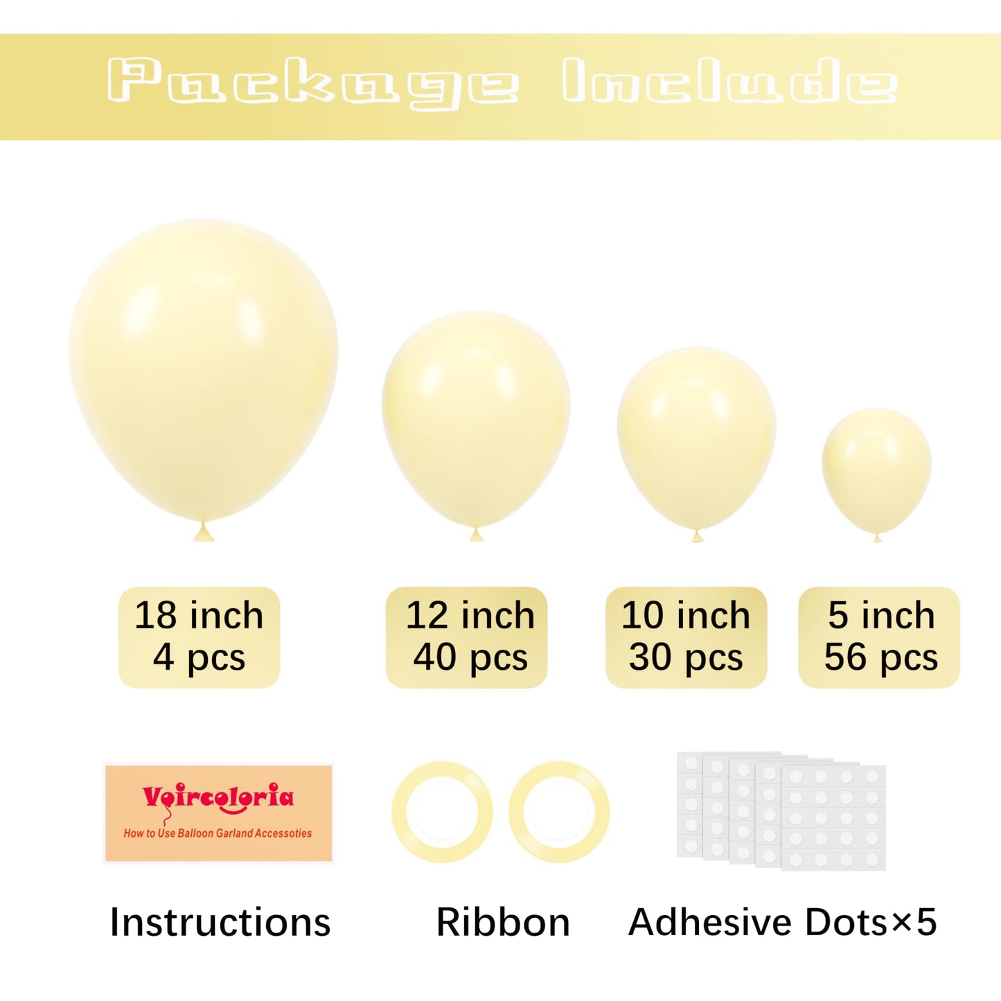 Voircoloria 130Pcs Pastel Yellow Balloons Different Sizes 18'' 12'' 10'' 5'' Light Yellow Latex Balloon Garland Arch Kit For Bir
