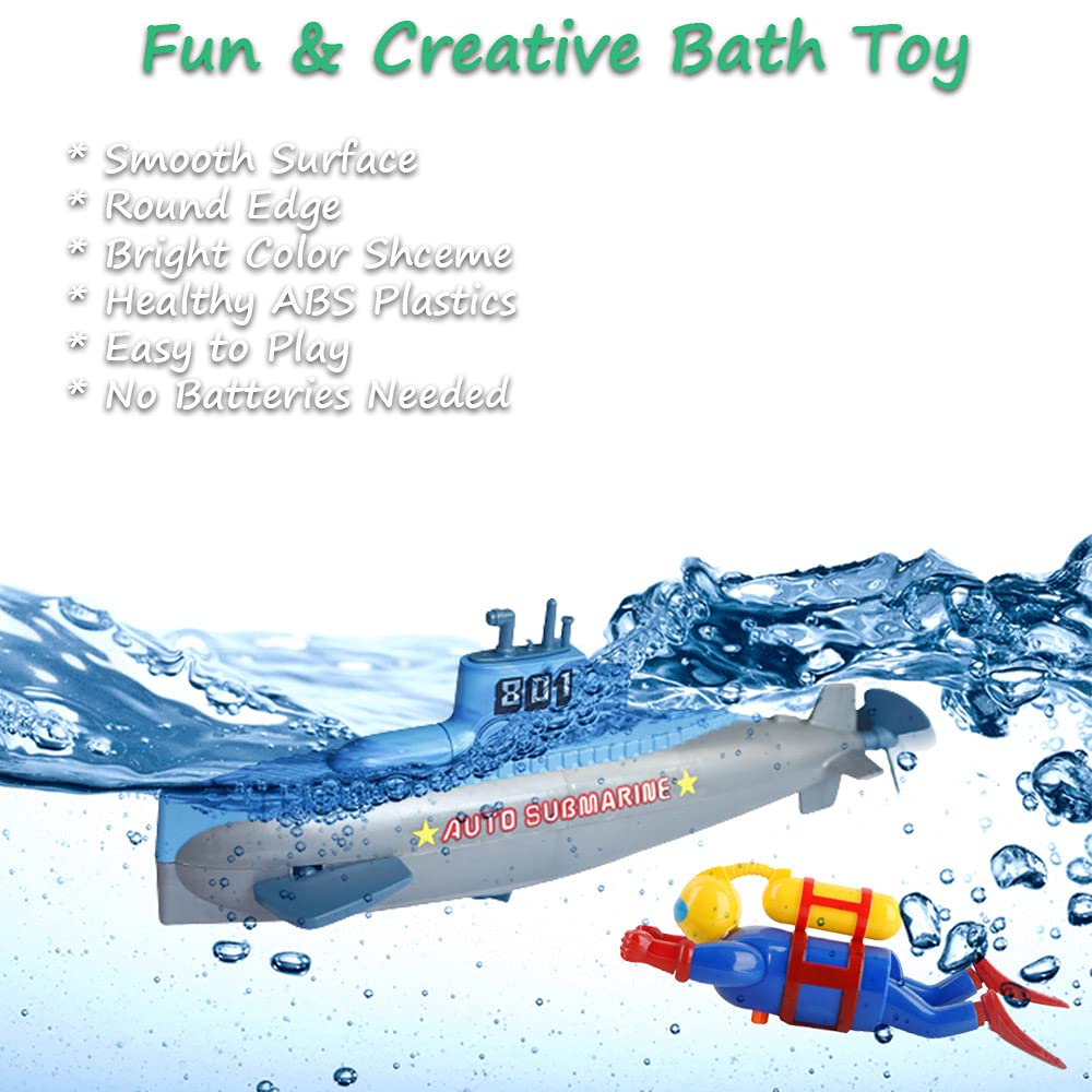 Wind-Up Diver Submarine Bath Toy, Funny Swimming Frogman Pigboat Scuba Diver Sub Bathtub Toy Clockwork Submarine Tub Toy Diver W