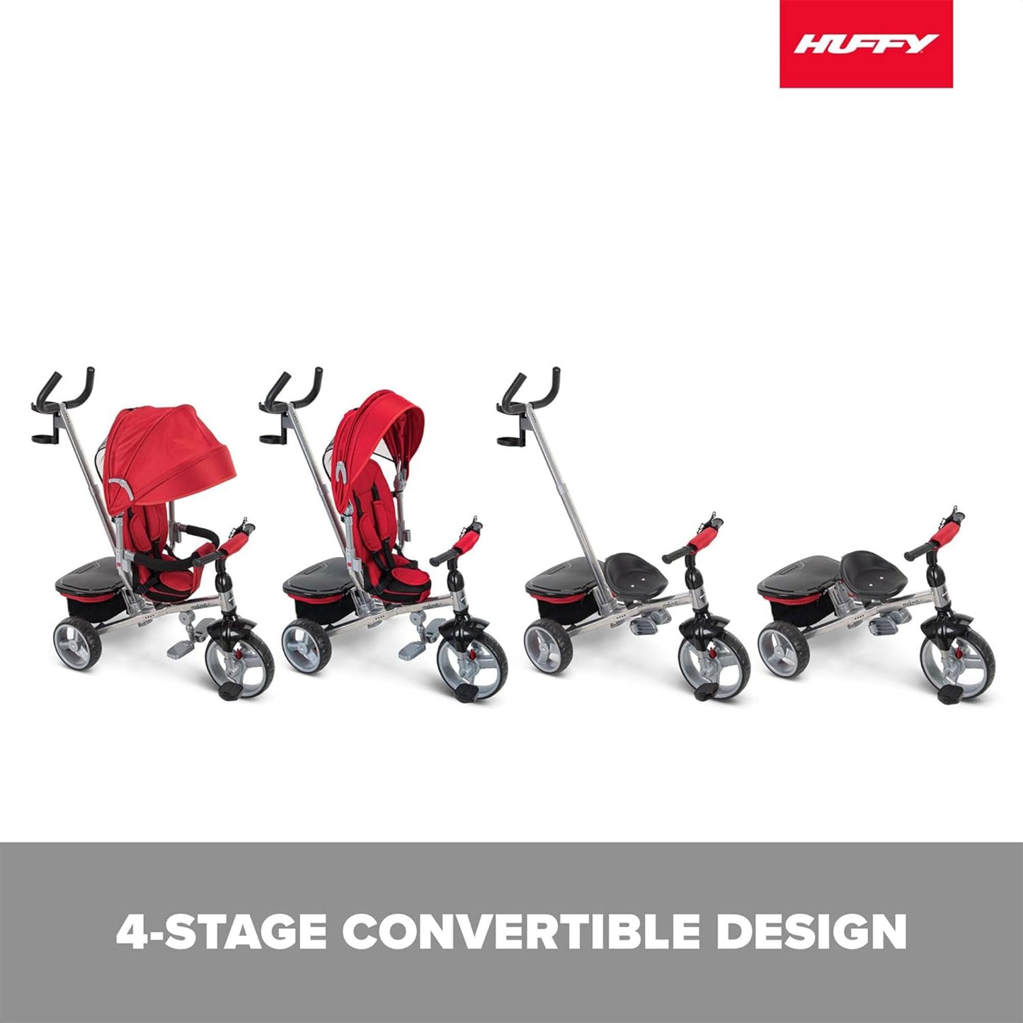 Huffy Malm Luxe 4-in-1 Canopy Trike with Push Handle, Cup Holder & Rear Storage Red