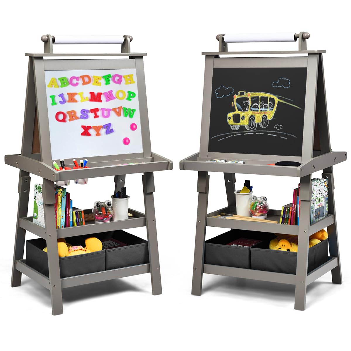Honey Joy Art Easel For Kids, 3-In-1 Double-Sided Wooden Toddler Easel W/Magnetic White Board & Chalkboard, Paper Roll, 2 Storage Bins, Painting Dry Erase, Kids Easel For Boys Girls Aged 3+ (Gray)