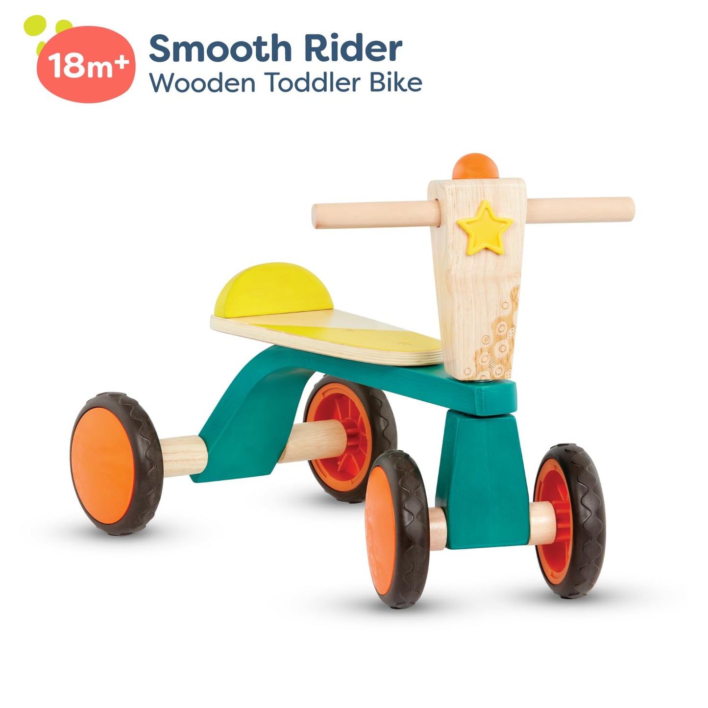 B. Toys- Smooth Rider- Ride On- Wooden Toddler Bike – Balance Toys For Toddlers – Push & Ride Bike – Four Wheels – 18 Months +, Large, Multicolor