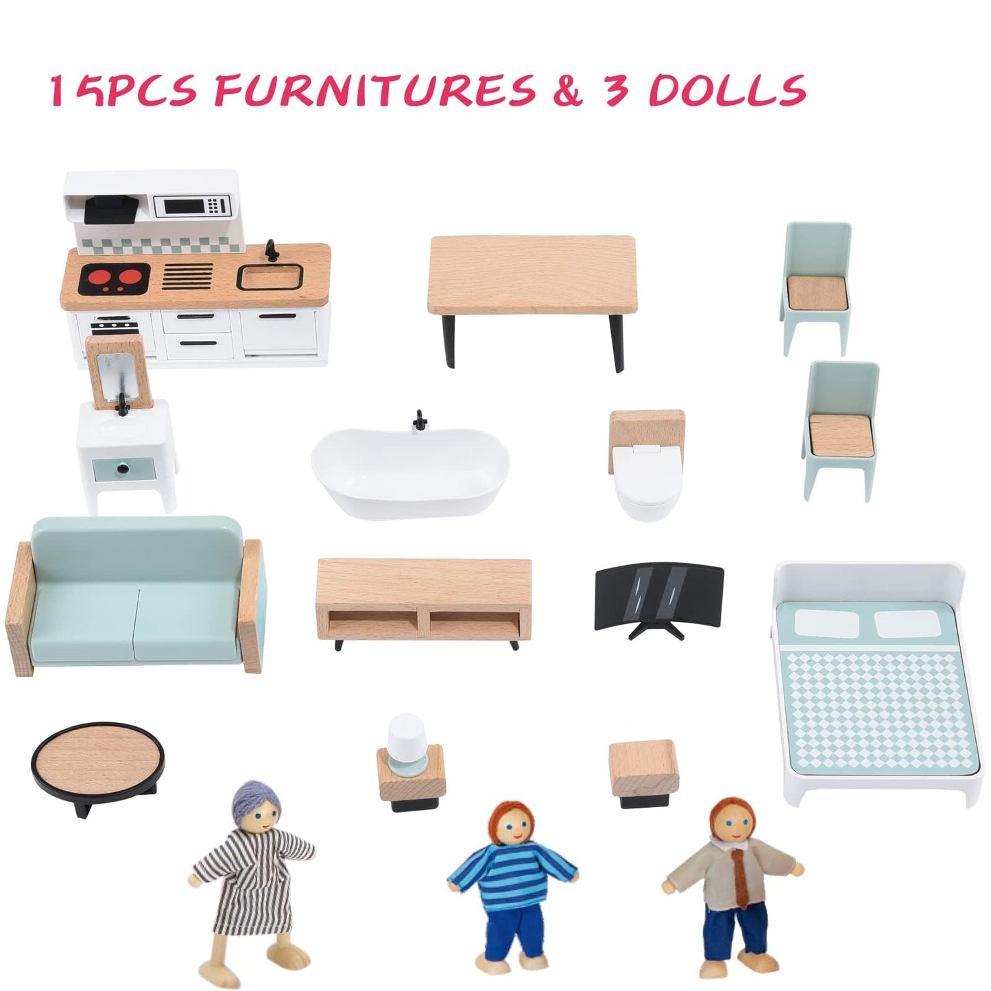 Large Pink Wooden Dollhouse With Furniture For Girls, 6 Rooms 2.6Ft High With Elevator,Doorbell, Light,15 Pcs Furniture & 3 Doll