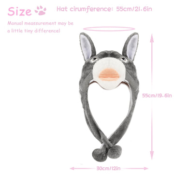 Funny Plush Animal Hat With Ear Flaps, Soft Fleece Hats Cute Bunny Cap For Kids Women Girls Cosplay Party (Donkey) Multi-Colored