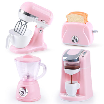 PLAY Kids Toy Kitchen Set – Pink Pretend Play Accessories for Ages 4-8, Includes Blender, Coffee Maker, Mixer & Toaster