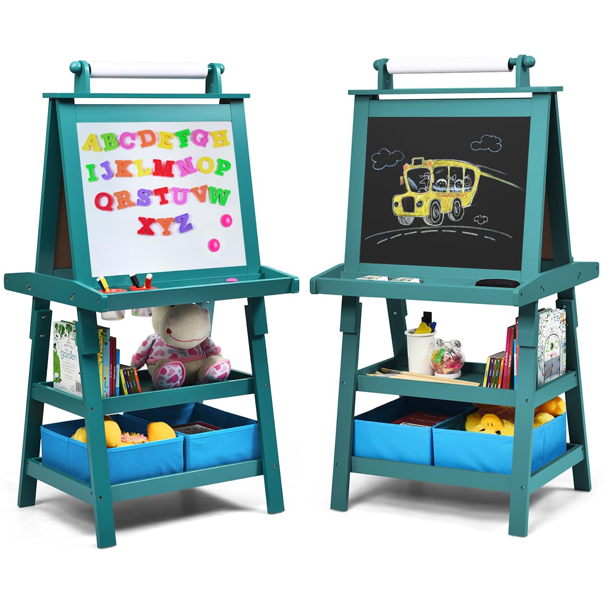 Honey Joy Art Easel For Kids, 3-In-1 Double-Sided Wooden Toddler Easel W/Magnetic White Board & Chalkboard, Paper Roll, 2 Storage Bins, Painting Dry Erase, Kids Easel For Boys Girls Aged 3+ (Blue)