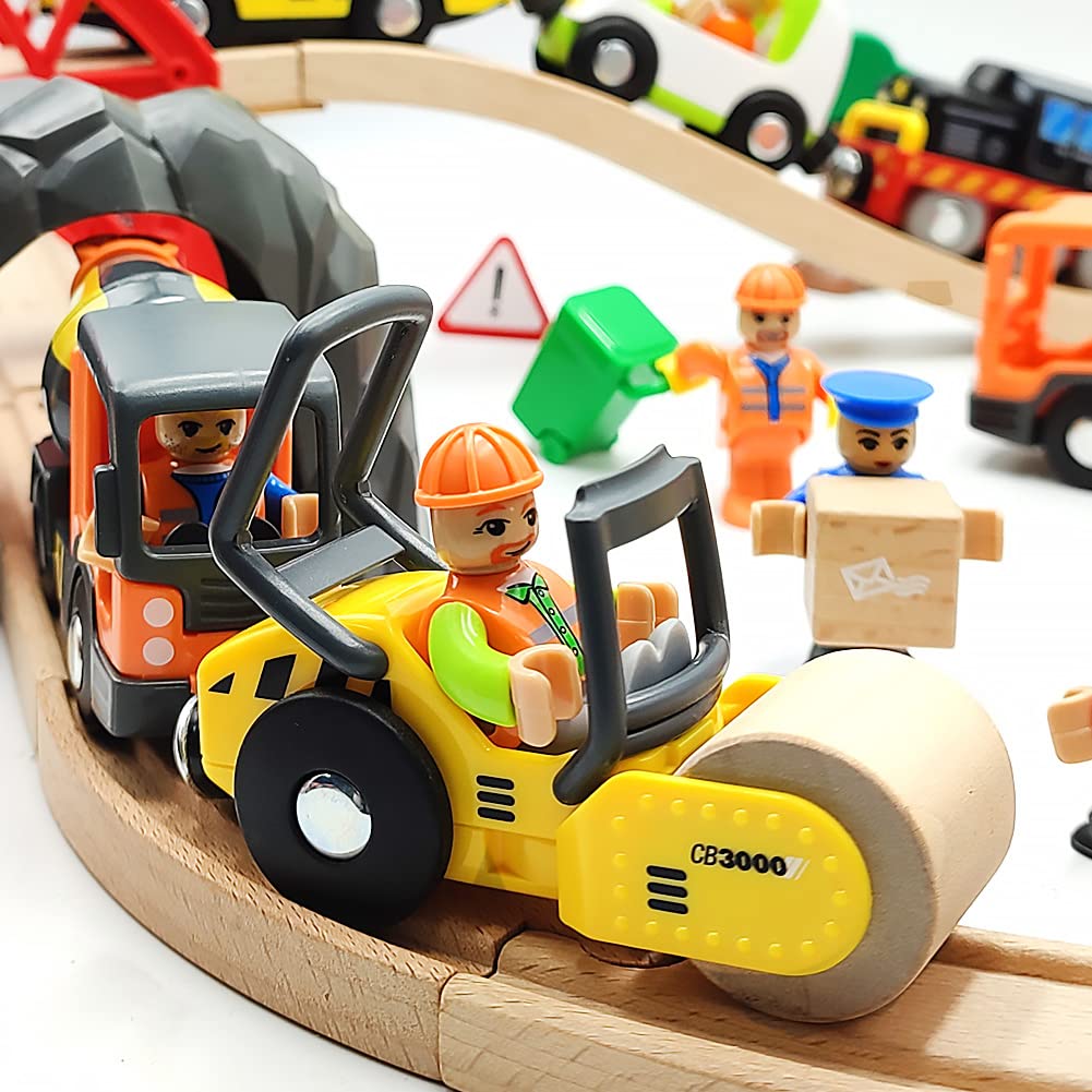 Dshmixia Wooden Train Cars Track Accessories Set Rescue Roller Truck And Mix Truck Toys Small Vehicles Magnetic Train Cars Fit For Wooden Train Track Railway For Boys And Girls (Engineering Set)