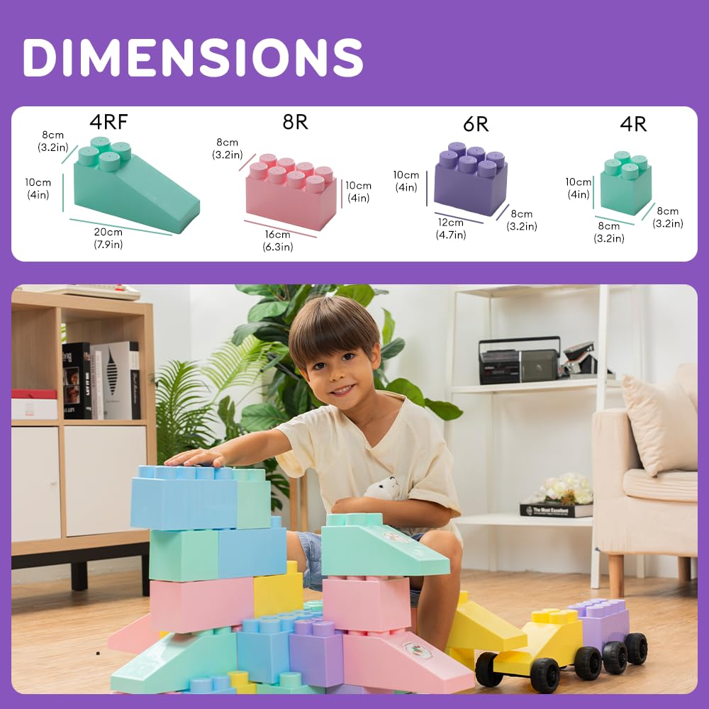 Massbricks Jumbo Plastic Building Blocks - Giant Toddler Bricks Kids, Boys, Girls Age 1-8 Play Large Educational, Construction, Stacking Toys Bpa Free (48 Pcs Pastel + Wheels)