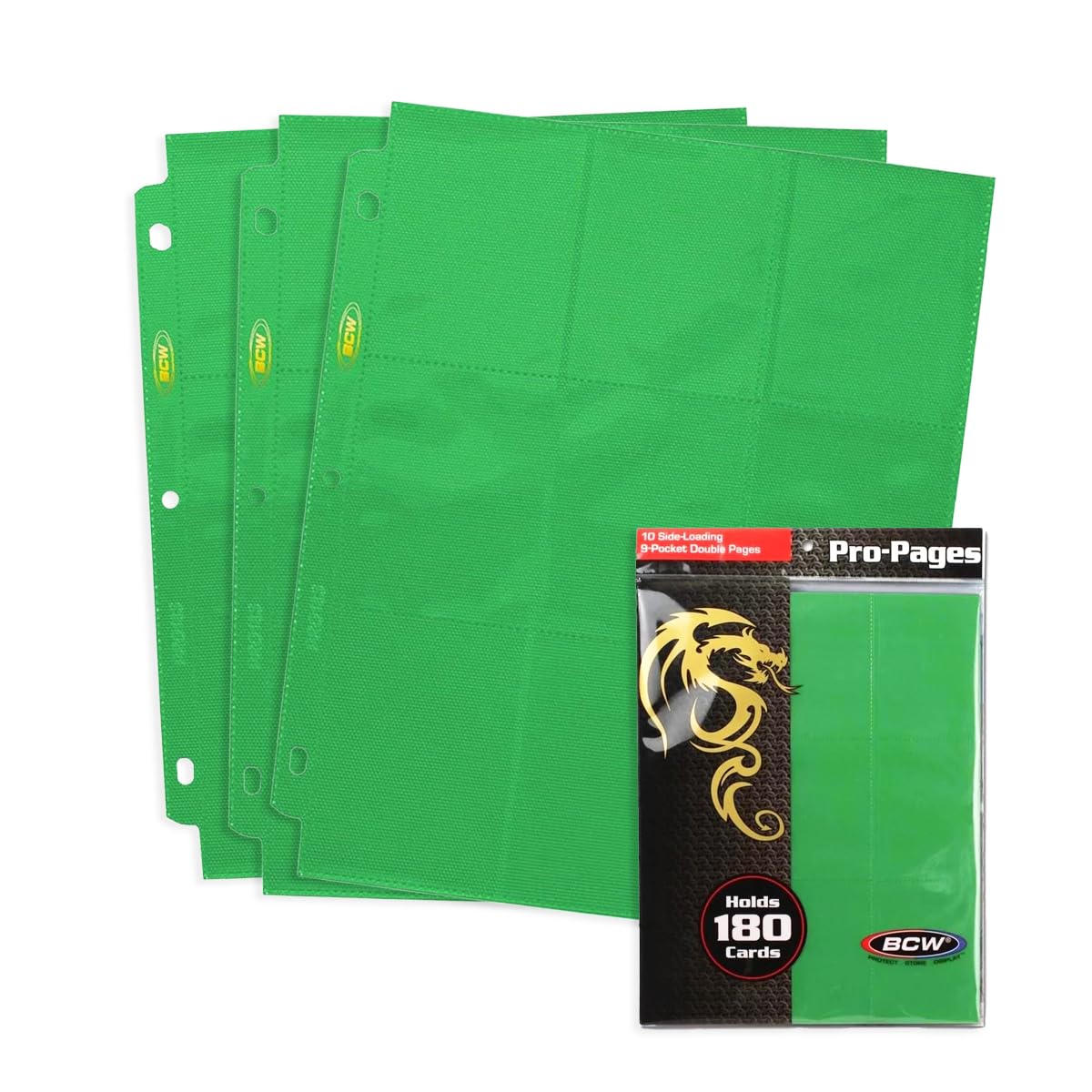 Bcw Double-Sided 9-Pocket Pages Holder - 10 Green Pages | Trading Card Binder Sheets | Secure Side Loading | Ideal Card Storage