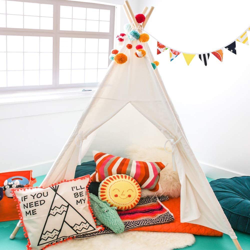Wilhunter Kids Teepee Tent With Bottom Cloth, Paper Feathers & Flags, Gift For Boys & Girls, Toys For Toddler, Playhouse For Indoor Decor Party Games