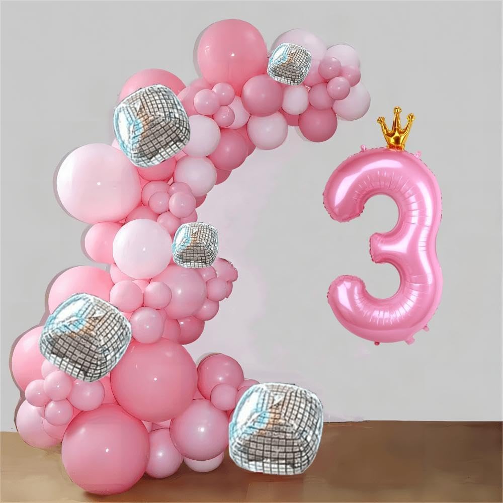 40 Inch Crown Pink Number 3 Balloon, Big Conjoined Baby Pink Foil Mylar Helium 3 Balloon For Girls 3Rd Birthday Party Decoration