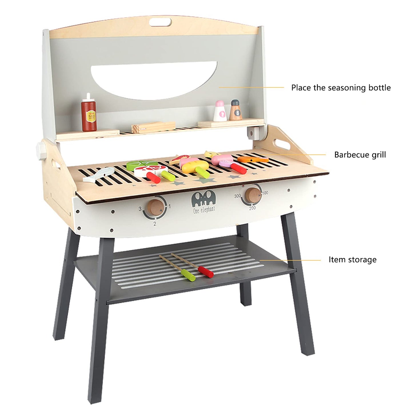KIDS TOYLAND Wooden Pretend Barbecue Grill Play Set, Play Kitchen Set Cooking Gift for Girls and Boys - Best for 3 4 5 Year Old
