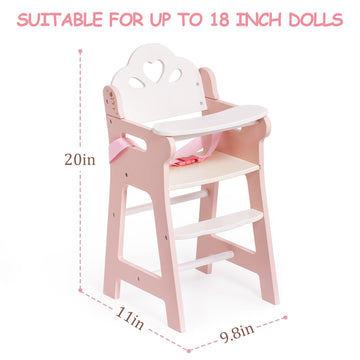 Robotime Baby Doll High Chair, Pretend Play High Chair With Safety Belt And Footrest, Wooden Baby Doll Accessories, Baby Doll Fu