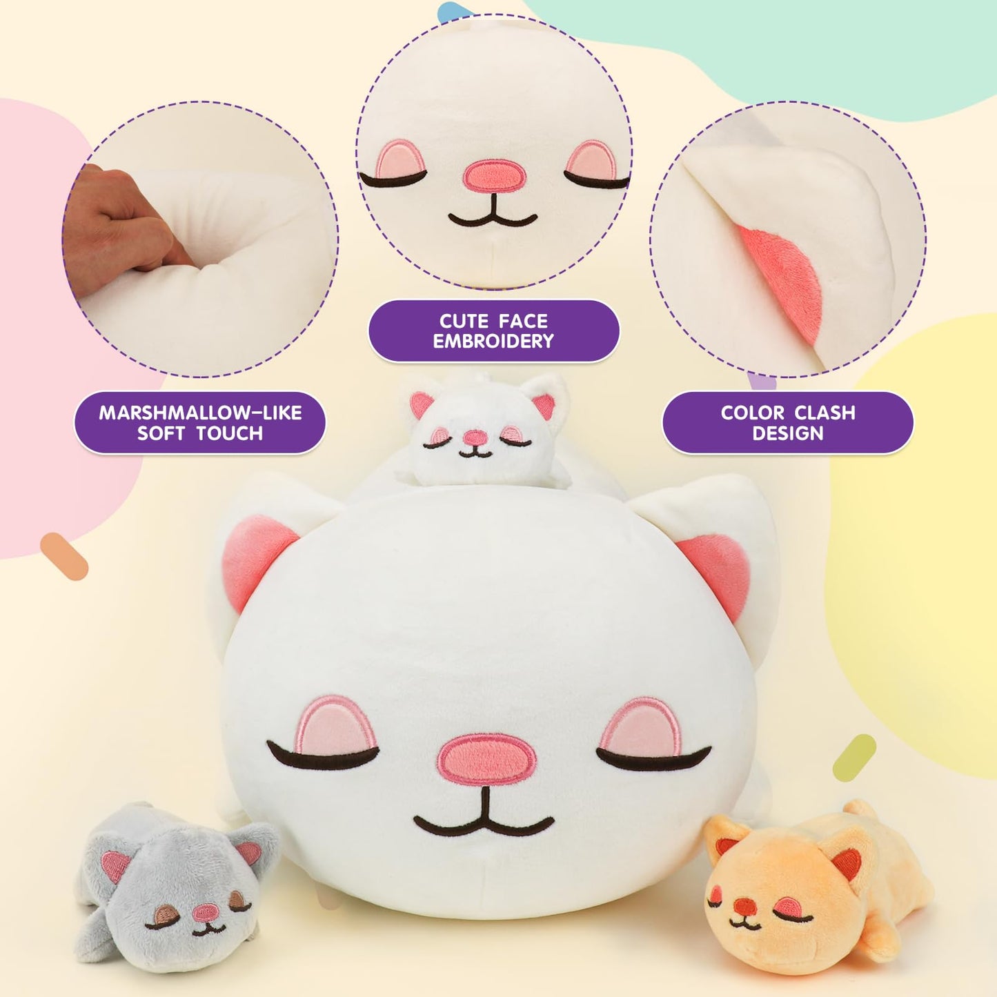 16'' Cat Stuffed Animals Toys For Ages 3 4 5 6 7 8+ Years Old Kids - Mommy Cat With 3 Baby Kitty In Her Tummy, Cute Cat Plush To