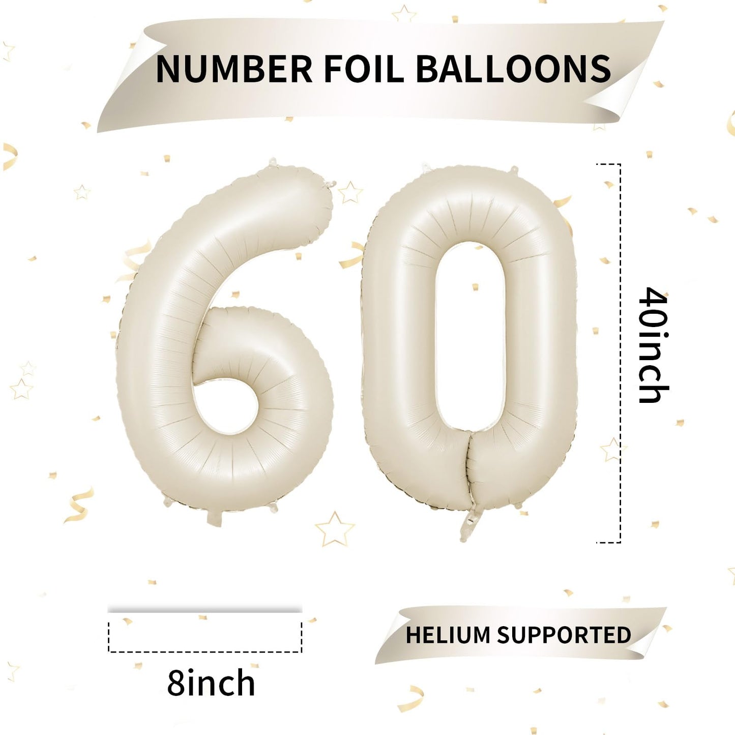 Biapian 40 Inch Cream Number 60 Balloon, 60Th Birthday Balloons, Big Digital 60 Beige White Giant 60 Foil Balloon Helium For Men