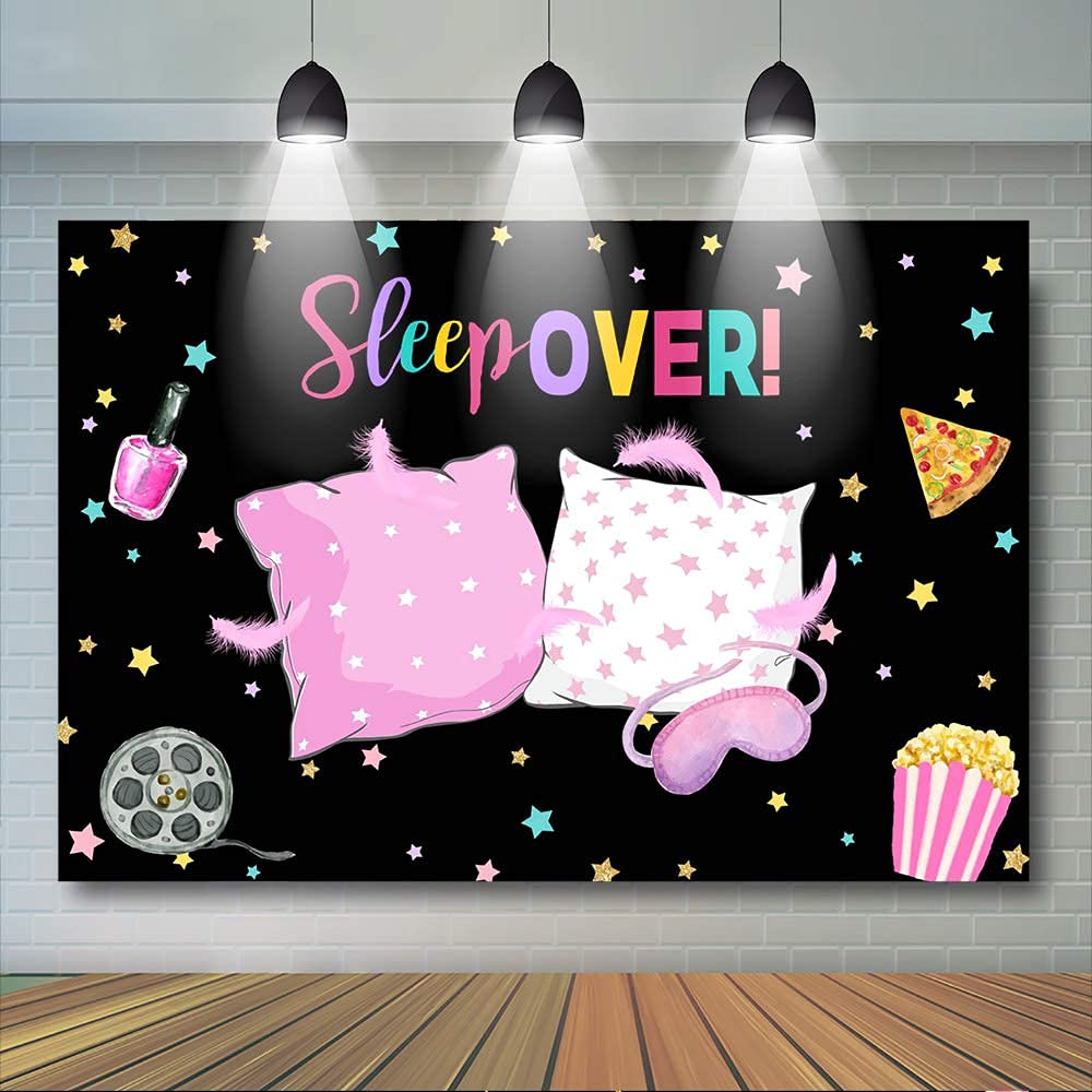 Mocsicka Sleepover Backdrop For Girls Pajama Pillow Fight Party Decoration Pink Pajama Slumber Party Banner Background Photograp