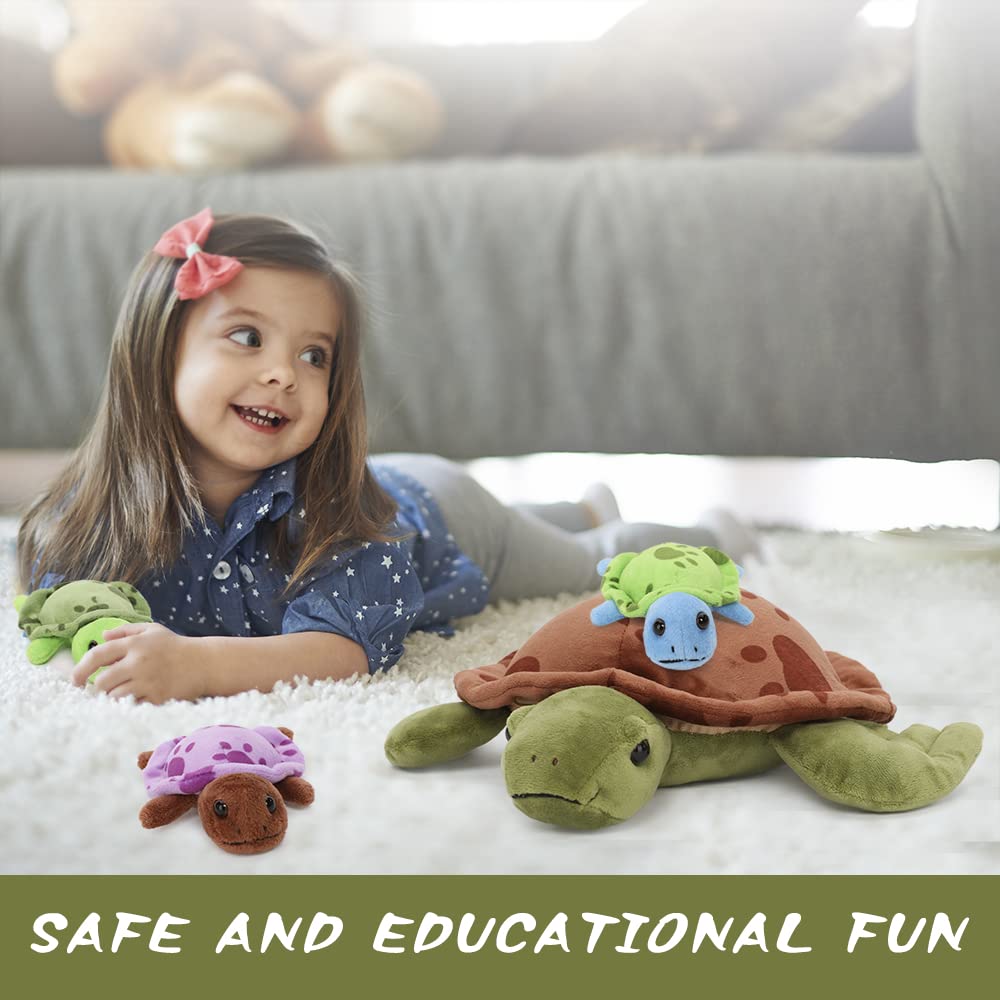 Muiteiur Sea Turtle Stuffed Animal Soft Mommy Turtle Plush Toy With 3 Babies Turtle Plushies Multicolored Stuffed Sea Turtle For Kids Girl Boy