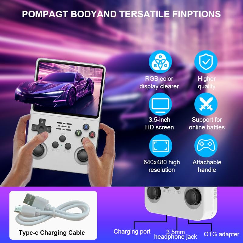 R36S Handheld Game Console 3.5 IPS Screen Retro Game Emulator with Open Source System Portable Video Gaming Player with Built in 3000+ Games 64GB TF Card Gift for mature-themeds Teens Kids White