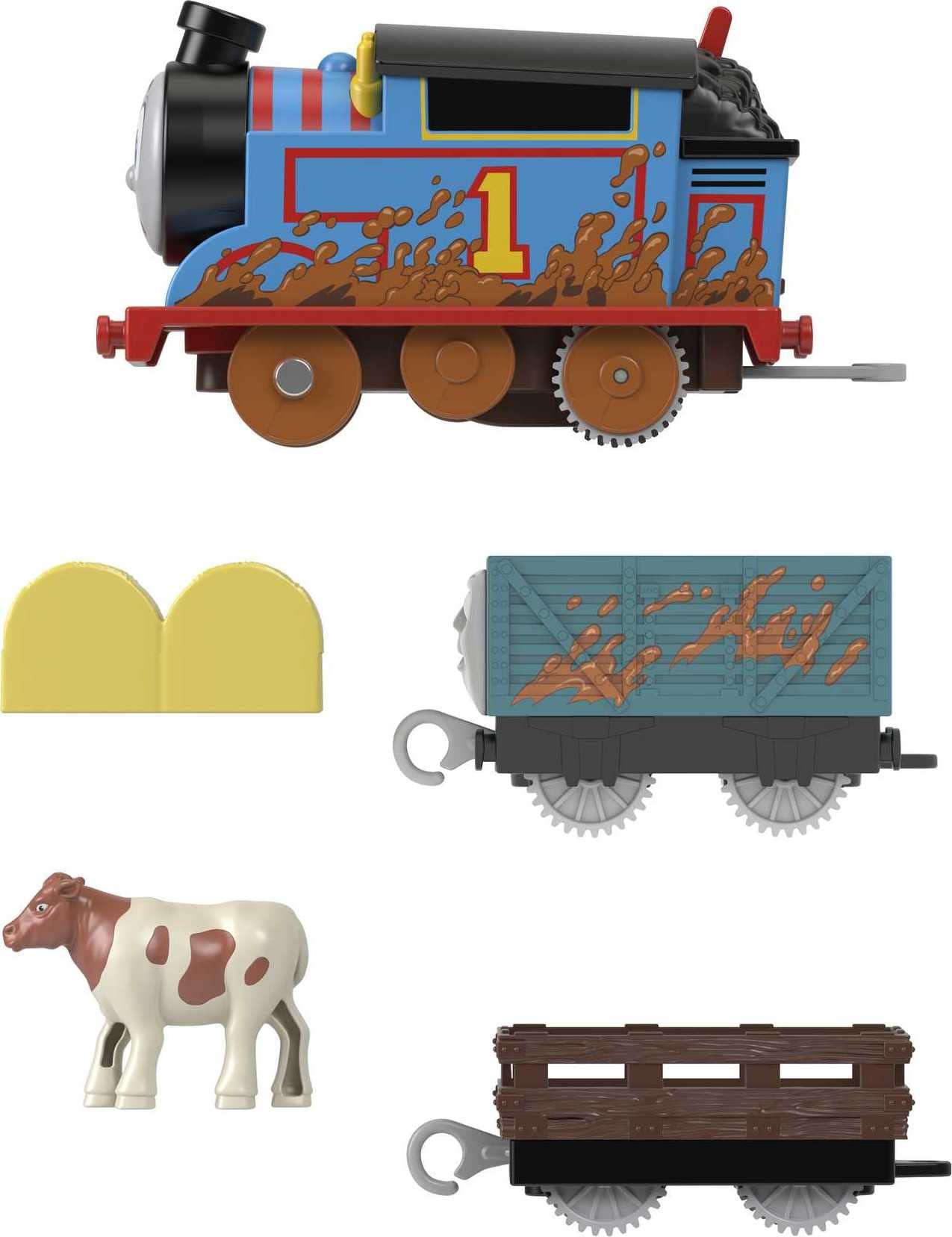 Thomas & Friends Motorized Toy Train Muddy Thomas Engine With Cargo Cars & Cow For Preschool Pretend Play Kids Ages 3+ Years