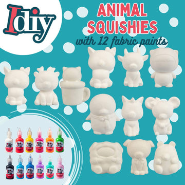 Scs Direct Diy Jumbo Animal Squishies 3.5' -6' (12Pc) & Fabric Paint (12 Bottles) Combo Pack- White Kawaii Slow Rising Squishy Toys For Drawing, Painting, Decorating - Scented Stress Relief Craft