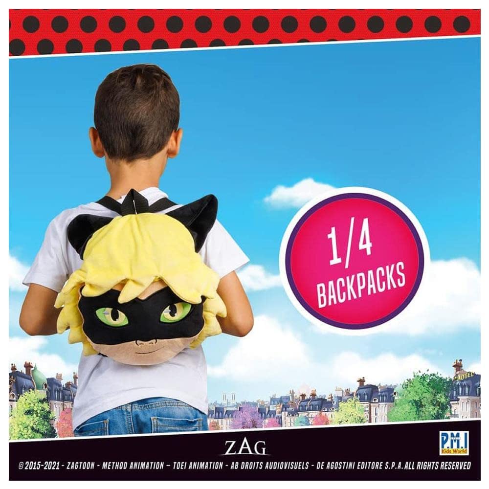 P.M.I. Miraculous Ladybug Plush School Backpack | One Of Two 12-Inch-Tall Collectibles | Miraculous Ladybug Toys And Playable Plush Backpacks | Cat Noir