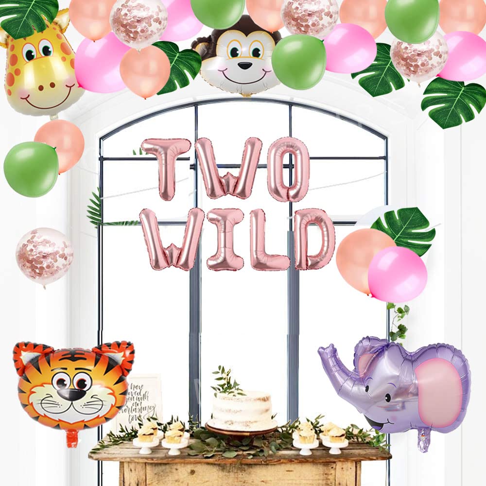 Two Wild Birthday Party Decorations, Jungle Themed Secend Girl Birthday Party Supplies Set Cute Animals Head Balloons And Two Wi