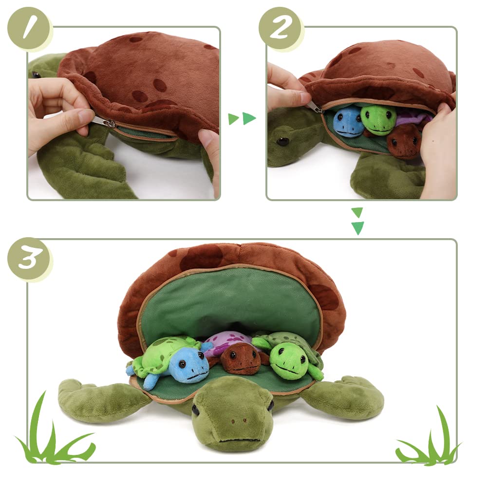Muiteiur Sea Turtle Stuffed Animal Soft Mommy Turtle Plush Toy With 3 Babies Turtle Plushies Multicolored Stuffed Sea Turtle For Kids Girl Boy