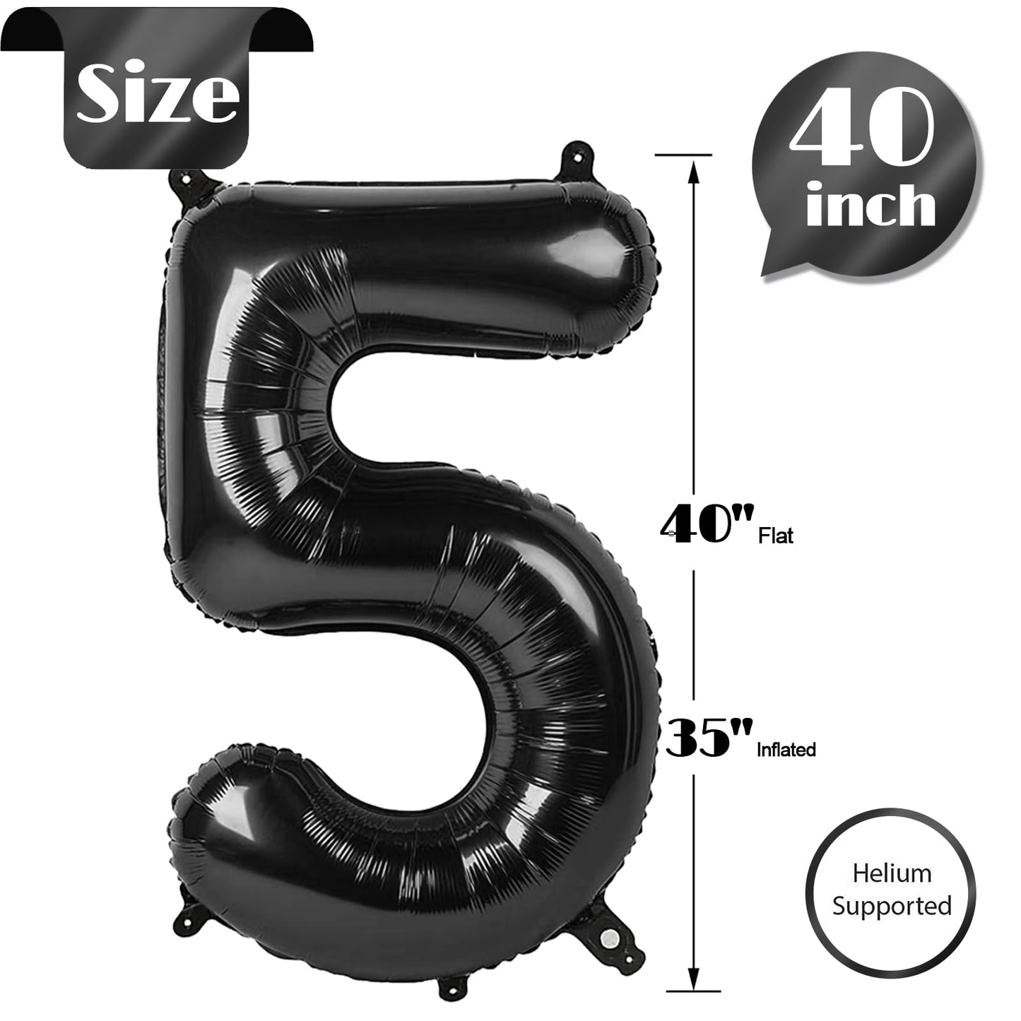 Black Number 5 Balloon 40 Inch, 5 Balloon Number, 5Th Birthday Decorations, Black Party Supplies For Boys Girls