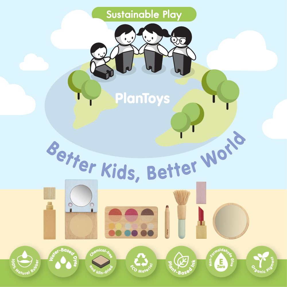 PlanToys Make Up Set for Kids - Sustainably Made from Rubberwood Featuring Organic-Pigment Coloring and Water-Based Dyes with a