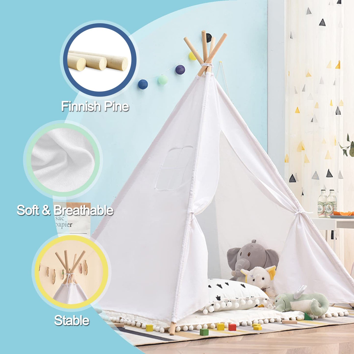 Teepee Play Tent For Kids With Padded Mat & Lights & Carry Case Playhouse For Girls Boys(White)