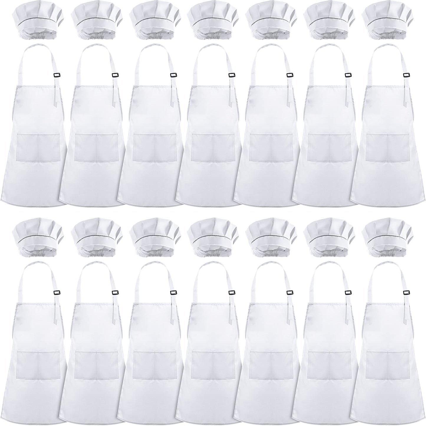 28 Pcs Kids Apron Bulk Chef Hat Set, Adjustable Children's Bib Apron Boys Girls Aprons with 2 Pockets Chef Costume (White)