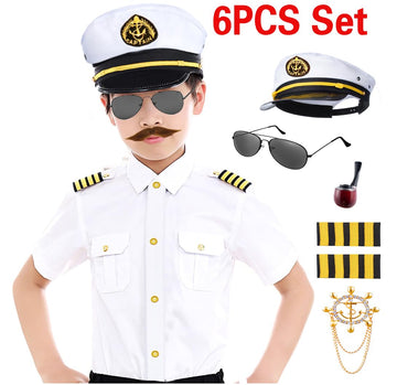 Kids Yacht Captain Sailor Costume For Boys Shirt Hat Accessories 6 Pcs Set Party Cosplay 7-8Years White
