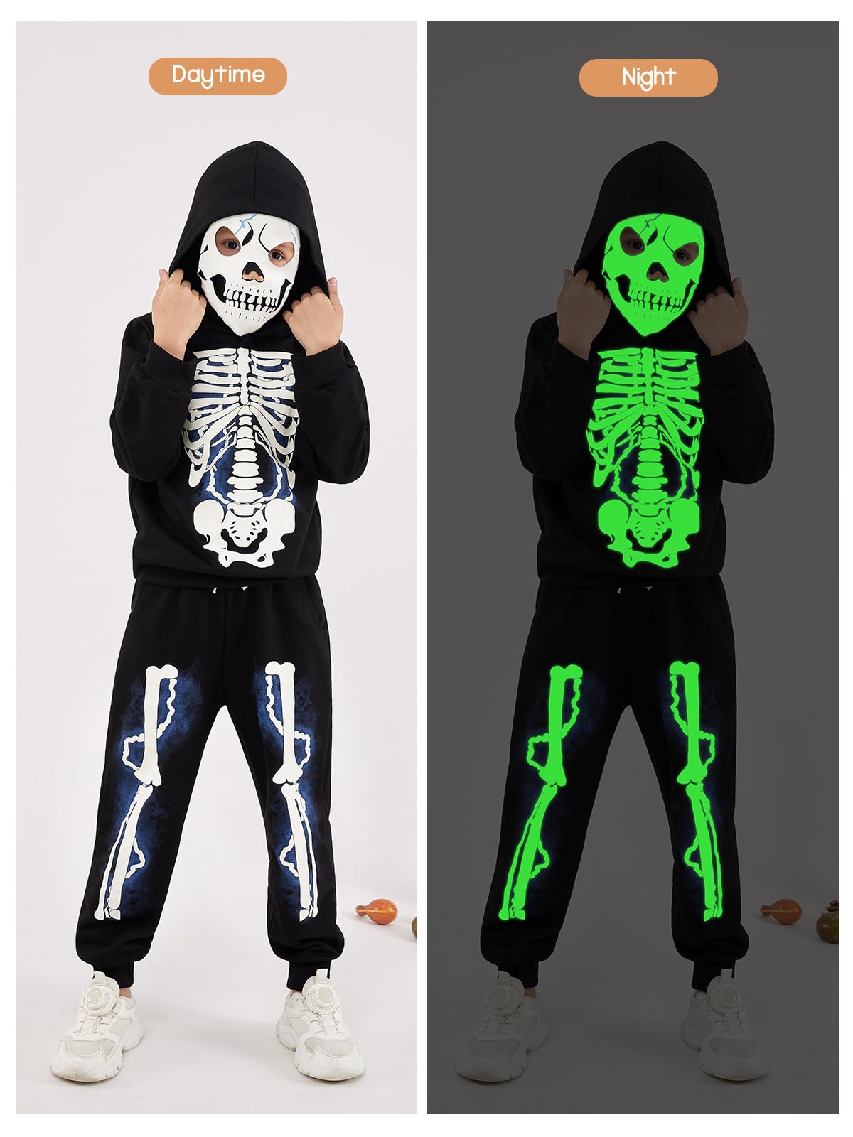 Urmagic Glow In The Dark Hoodies Set For Toddler Boys Girls Halloween Skeleton Costumes Pumpkin Sweatshirt Tracksuit Pants
