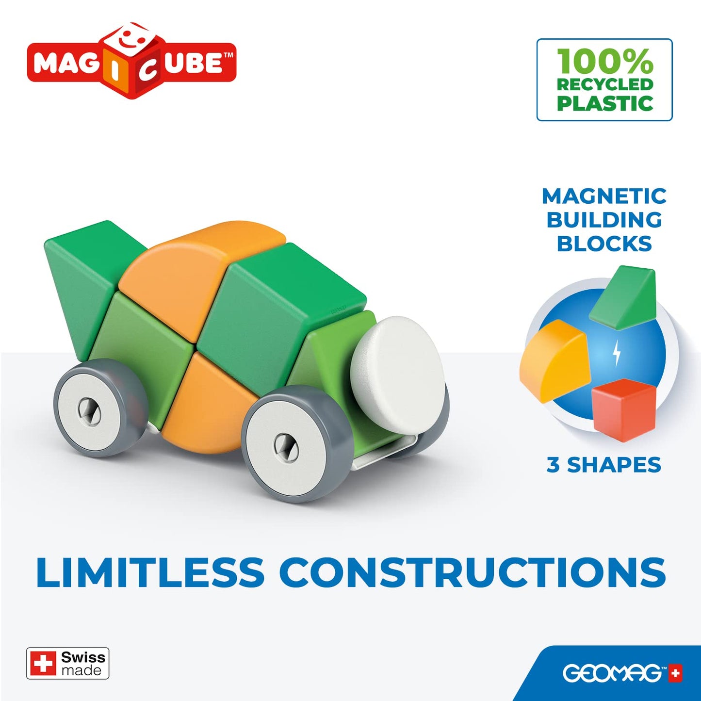 Geomag Swiss-Made Magicube 13-Piece Magnetic Shapes & Wheels Building Set, Cars & Characters, Stacking Blocks For Toddlers & Kid