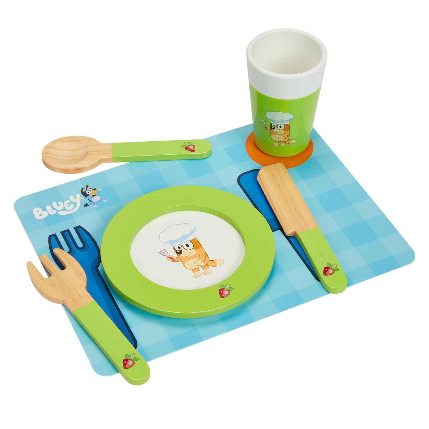 Bluey - Dine in with Bluey Set, 32-Piece Wooden Toy Set with Magic Asparagus, Plates, Utensils & More, Perfect for Role-Play & I
