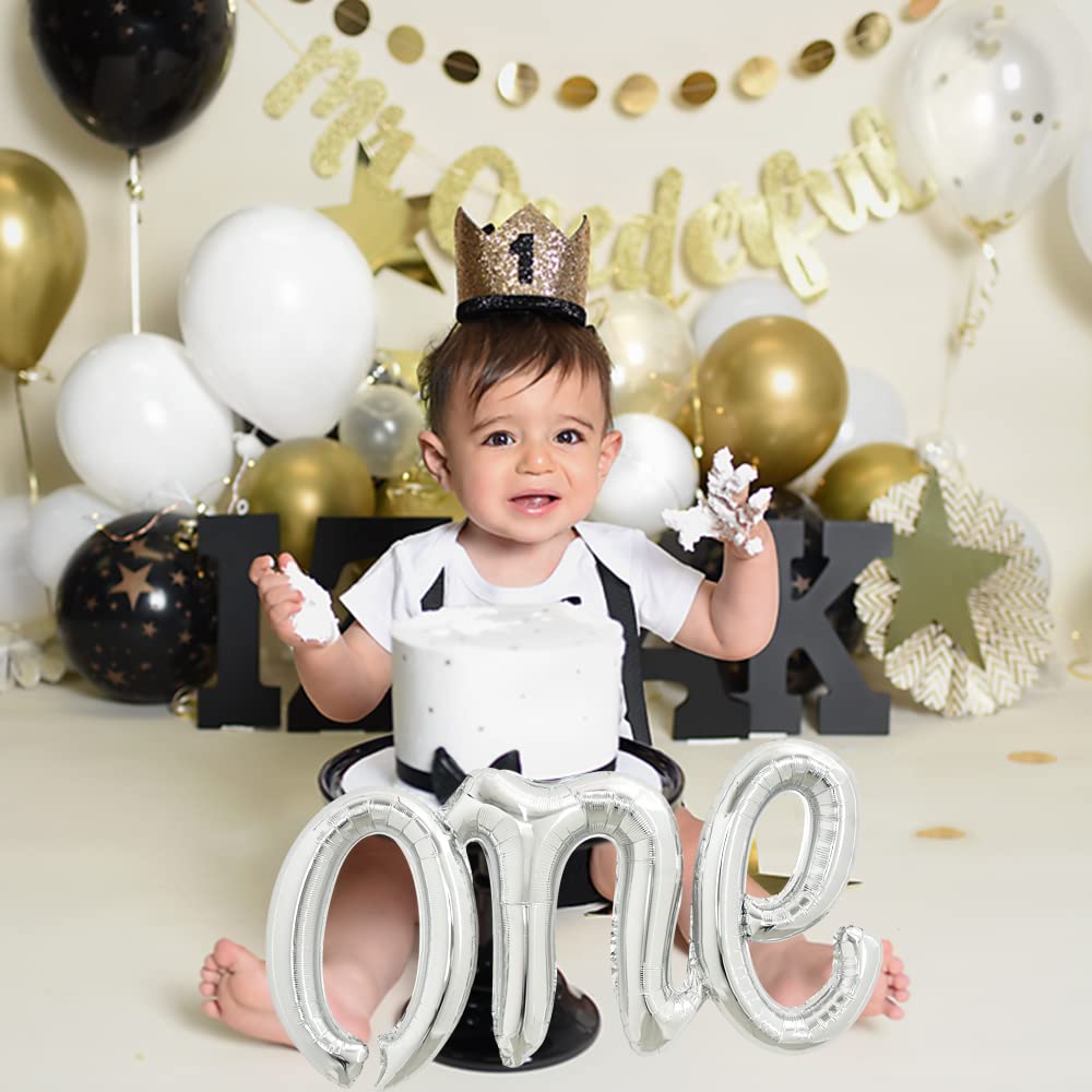 Toniful Silver One Balloons Banner, 42*16 Inch Mylar Foil Script / Cursive Letter One Sign Banner Balloon Bunting Reusable Ecofr