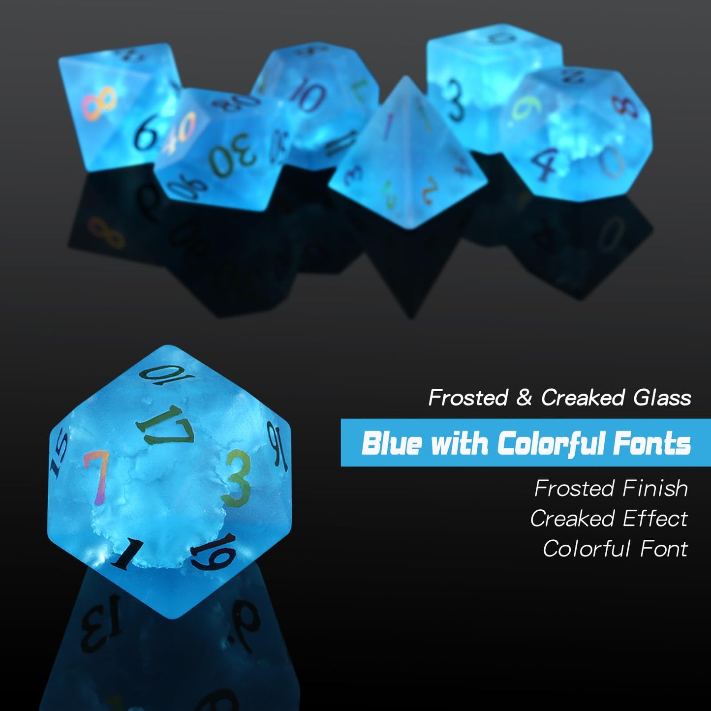 Dnd Dice Cracked Frosted Glass 7 Piece Blue Zircon Dice With Great Gift Case For Dnd Dungeons And Dragon Tabletop Game (Blue Gla