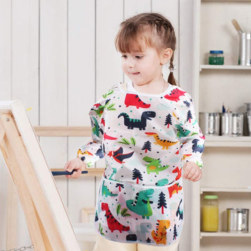 BAHABY Kids Art Smocks - 2 Pack Dinosaur Waterproof Painting Apron with Long Sleeves, 3 Pockets, 23x17 inches, for Ages 3-8
