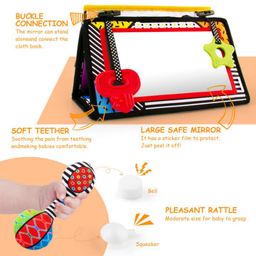 3-In-1 Tummy Time Mirror Toys With Soft Crinkle 3D Activity Book,Teethers, Rattle,High Contrast Black And White Montessori Baby Crawling Toys Developmental Newborn Infant Sensory Toys Gift 0-12 Months