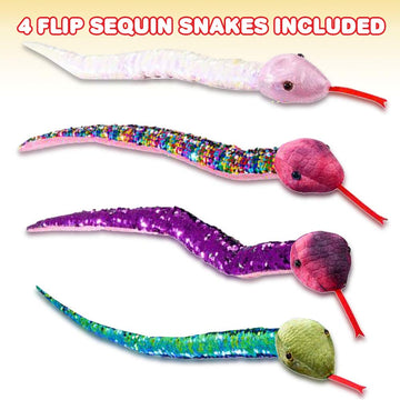 Artcreativity Flip Sequin Snake Toys For Kids, Set Of 4, Plush Snakes With Color Changing Sequins, Jungle Party Supplies, Animal
