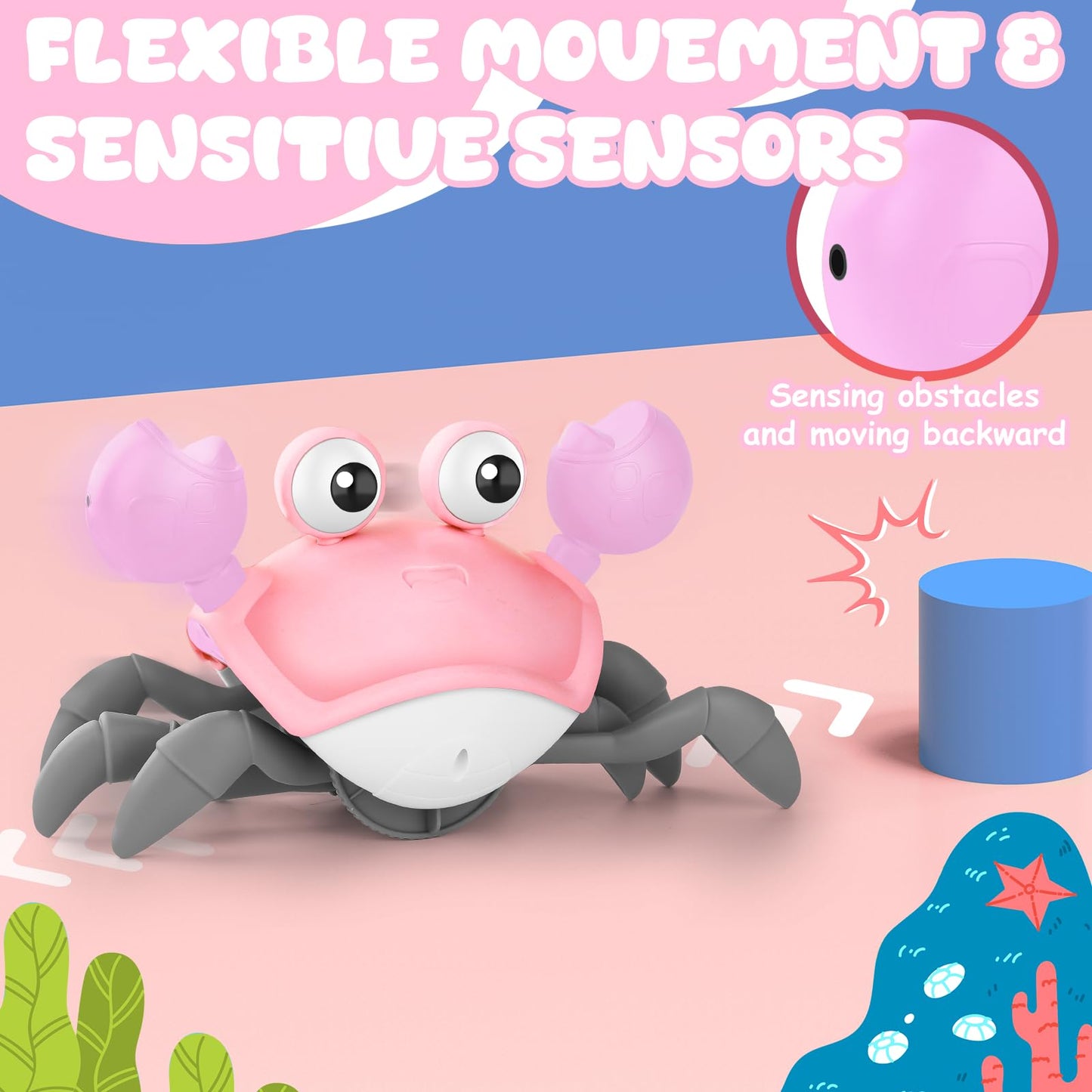 Crawling Crab Baby Toy, Tummy Time Girl Gifts For Babies 3-6 6-12 Month, Light-Up Walking Dancing Moving Crab With Music & Obsta